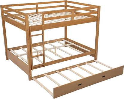 Bellemave Queen Over Queen Size Bunk Bed with Trundle for Kids/Adults,Solid Wood Bunk Bed Frame Queen Size with Ladder & Safety Guardrails,Wood Color