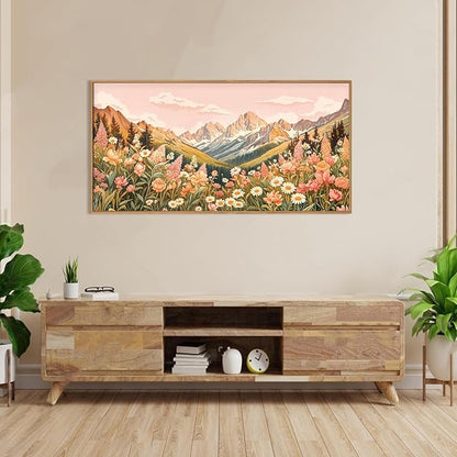 LHIUEM Large Abstract Colorful Mountain Framed Canvas Wall Art,Boho Pink Flower Wall Decor, Nature Wildflower Wall Painting,Bohemian Artwork for Living Room,Bedroom,Dining Room,Office -20"x40"x1