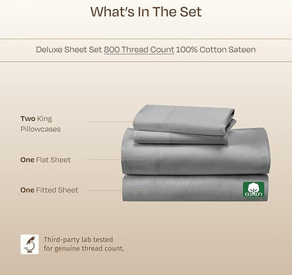 California Design Den King Size Bed Sheets Set - 100% Cotton Sheets, Buttery Soft 800 Thread Count Sateen, Durable Bedding Set - Light Grey