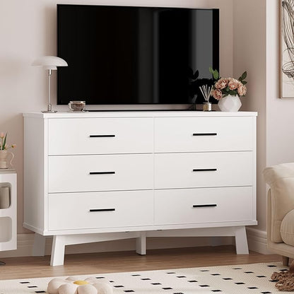 Dresser for Bedroom, 6 Drawer Wide Modern Chest of Drawers with X-Shaped Sturdy Base, Wood Double Dresser Closet Clothes Storage Organizer, Wooden TV Stand for Living Room, Hallway, White