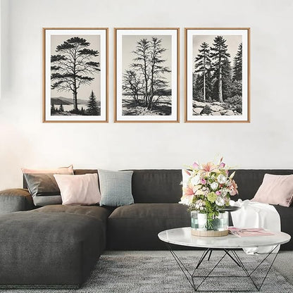 LHIUEM Large Vintage Sketch Tree Framed Wall Art Set,Antique Black and White Wall Decor,Nature Botanical Lake Artwork,Modern Wilderness Forest Art Prints for Living Room,Bedroom- 16"x24"x3