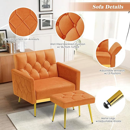 Velvet Accent Chair w/Adjustable Armrests and Backrests, Tufted Single Sofa with Ottoman, Upholstered Reading Chiar for Living Room, Apartment, Bedroom, Orange