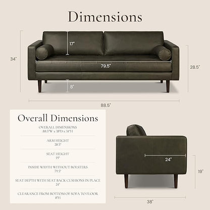 Poly & BARK Napa 88.5" Leather Sofa – Full-Grain Italian-Tanned Aniline Leather, Feather-Down Comfort, Solid Wood Frame, Walnut Legs, Olivine Green