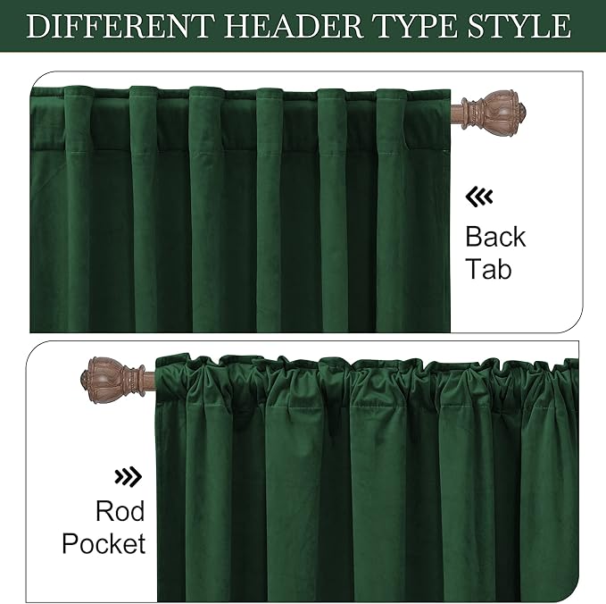 RYB HOME Dark Green Velvet Curtains 102 inches, Back Tab Soft Fabric Room Darkening Thermal Insulated Luxurious Home Decor Curtains for Living Room Bedroom, W 52" x L 102", 2 Panels Set