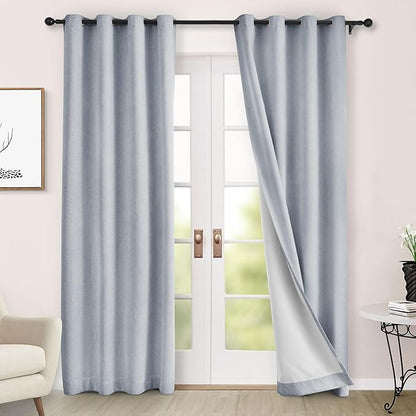 Macochico 100% Blackout Chenille Curtains for Living Room Classic Chenille Window Curtain Panels Thermal Drapes for Bedroom Hotel Grommet Curtains with Tieback Gray Blue 84" Wx96 L 1 Panel