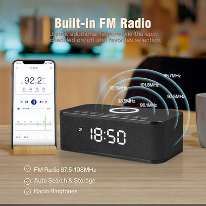 Dual Alarm Clock Radio Bedroom, Digital Alarm Clocks Bedrooms Bluetooth, Up to 10 Bedroom Alarms Clock White Noise 23 Soothing Sounds App/Button Control Snooze 12/24H FM Speaker Charging, Black