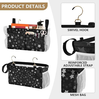 Bedside Caddy Hanging Bunk Bed Caddy Bed Organizer Hanging Pocket with 2 Hooks Bedside Storage Organizer Pocket Bag Holder Silver Stars Black