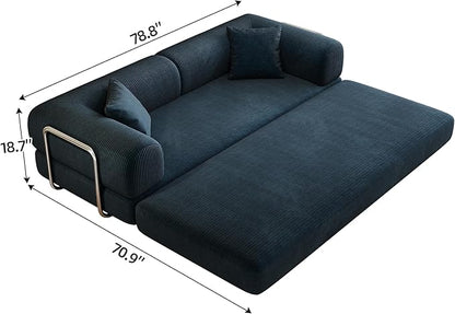 79" Convertible Sofa Bed with Fixed-Shape Frame, Corduroy Folding Pull Out Couch, No Assembly Modern Boneless Couch Compression Sofa in Box, Floor Sofa for Living Room,Blue