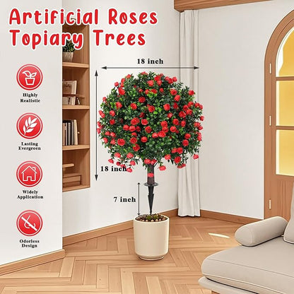 Artificial Boxwood Topiary Tree with Rose, Set of 2 Artificial Shrub Bushes with Ground Spike, Fake Evergreen Tree for Porch, Artificial Plants for Outdoor Planters Indoor UV Resistant