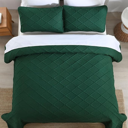 Yiran Quilts Queen Size, Emerald Green Spring Summer Bedspread Bedding Set, 3 Pieces Diamond Pattern Lightweight Microfiber Coverlet with 2 Pillow Shams for All Season 96x90 Inch