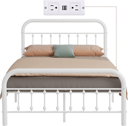 WLIVE Metal Platform Bed Frame, Full Size Bed Frame with Headboard, Bed Frames with LED Lights and Charging Station, 1500LBS Mattress Foundation, Under Bed Storage, No Box Spring Needed, White