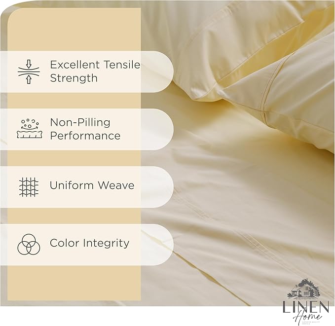 Linen Home 100% Cotton Percale Sheet Set, Full Size, Ivory, Deep Pocket, 6 Pieces Set - 1 Flat, 1 Deep Pocket Fitted Sheet and 4 Pillowcases, Crisp Cool and Strong Bed Linen