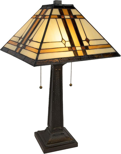 Lavish Home Tiffany-Style Table Lamp – Mission-Design Art Glass Lighting with 2 LED Bulbs Included – Vintage-Look Handcrafted Room Décor (Brown)