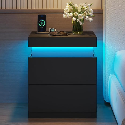 ADORNEVE Black Nightstand with Charging Station and LED Lights,Night Stand with Sliding Top,Bedside Table with Drawers,Modern End Side Table for Bedroom