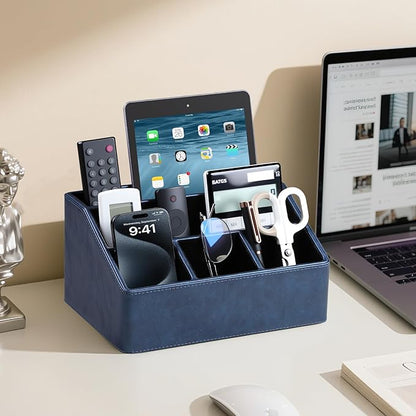 MEIBOOCH PU Leather Desk Organizer, Luxury Remote Control Holder for Home, Office Desk Accessories Table Caddy Bedside Nightstand Organizer (Dark Blue)