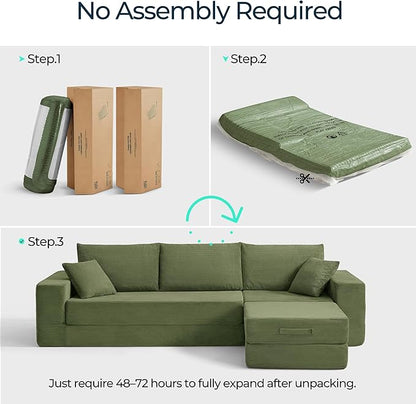 LINSY HOME Convertible Sofa Bed with 2 Pillows & Ottoman, Boneless Couch Folding Modular Sectional Sleeper Sofa, L Shaped Sofas Corduroy Couch Bed Compression Sofa for Living Room Apartment, Green