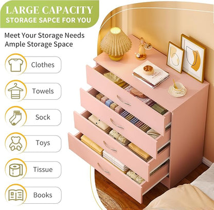Karl home 4 Pink Drawer Dresser, Modern Chest of Drawers, Wood Bedside Table Night Table,Anti-Tipping Device, Rose Gold Metal Handle