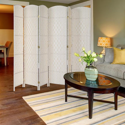 VINGLI 6-Panels Tall Rattan Room Divider, 6 FT Folding Privacy Screen, Indoor Partition Wall Dividers, Freestanding Hinged Space Separator (White)