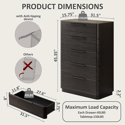 5 Drawer Dresser for Bedroom, 45" Tall Modern Chest of Drawers with Metal Handle, Curved Profile Design, Wooden Closet with Large Drawers Dressers Organizer for Entryway Hallway