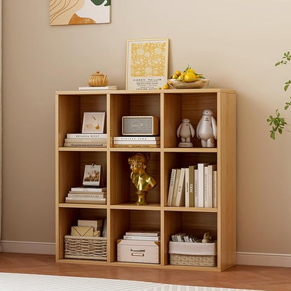 OSCHF 9-Cube Storage Shelf Bookcase - Wooden 3-Tier Floor Standing Open Bookshelf for Home and Office, Display Cabinet, Oak