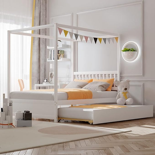Giantex Canopy Bed with Trundle, Full Size Kids Solid Wood Platform Bed Frame w/Headboard Wooden Twin Trundle Bed for Boys Girls, No Box Spring Needed (White)