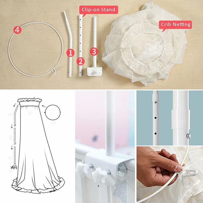 Baby Bed Canopy with Adjustable Clip-on Stand Baby Crib Cot Net Tent Hanging Dome Curtain Netting See Through Mesh Bed Cover Net Stand Rod