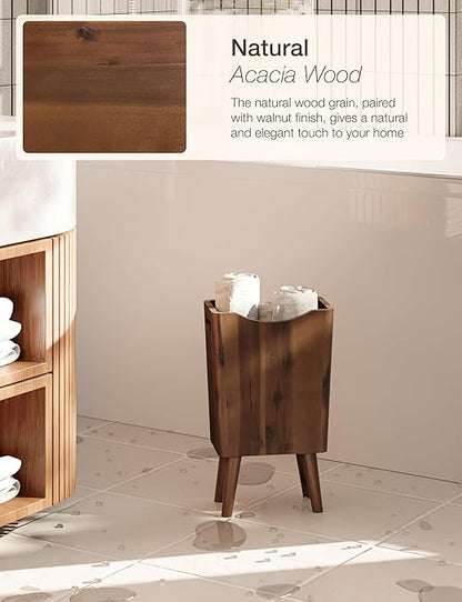 2 Gallons Wooden Trash Can 4 Legs - Acacia Wooden Bin, Wood Bathroom Accessories - Small Bin, Waste Basket for Bedroom, Office Garbage Can - Bathroom Trash Can, Patent Pending (Walnut Color)