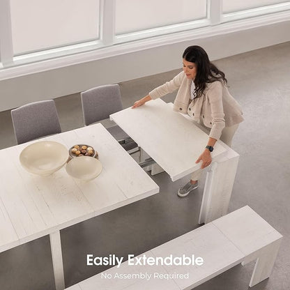 Transformer Table - Solid Wood Extendable Dining Table, Seats 2-12, Extendable Dining Room Table, Space-Saving Furniture, Expandable Dining Furniture (White, Table + Bench)