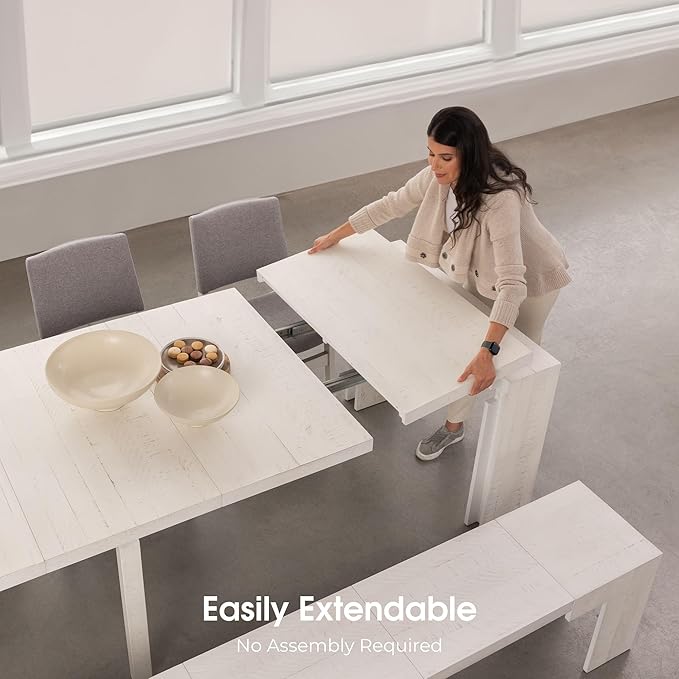 Transformer Table - Solid Wood Extendable Dining Table, Seats 2-12, Extendable Dining Room Table, Space-Saving Furniture, Expandable Dining Furniture (White, Table + Bench + 4 Chairs)