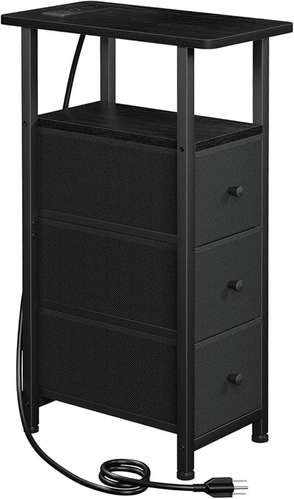 LOAKEKEL Narrow End Table Living Room with Charging Station, Skinny Side Table with Fabric Drawers, Slim Nightstand for Bedroom, Small Spaces, Couch, Black, HETNDP03BK-1