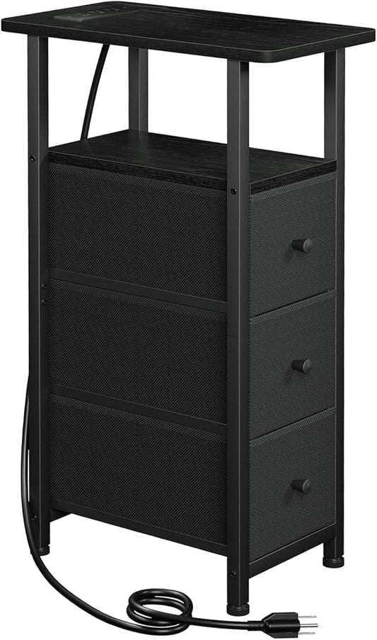 LOAKEKEL Narrow End Table Living Room with Charging Station, Skinny Side Table with Fabric Drawers, Slim Nightstand for Bedroom, Small Spaces, Couch, Black, HETNDP03BK-1