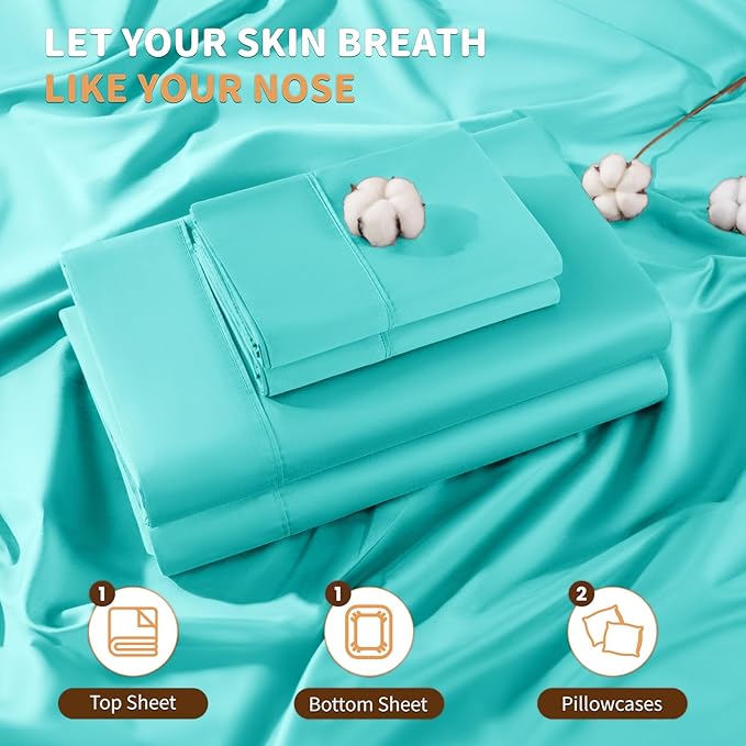 LBRO2M 100% Cotton Sheets Set Deep Pocket 19", 1000 Thread Count Queen Size 4 Piece Bed Sheet Sets Soft Comfortable Bedding All Season (Queen, Lake Green)