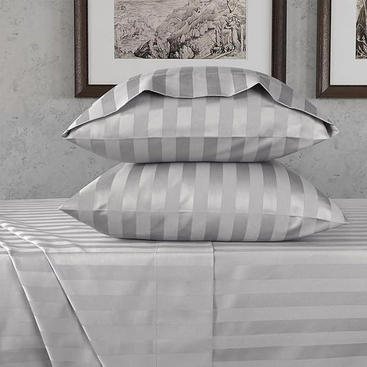 URBANHUT 800 Thread Count 100% Cotton Damask Twin Size Sheets, 4 Piece Striped Twin Size Bedsheets, Luxury Hotel Sheets Sateen Weave - Better Than Egyptian, 14" Elasticized Deep Pocket- Silver Grey