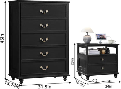 24" Wide Farmhouse Nightstand with Charging Station Set of 2, 45" Tall Rustic Chests of 5 Drawers w/ 4 Solid Wood Feet, Farmhouse Furniture Series for Living Room,Bedroom,Black