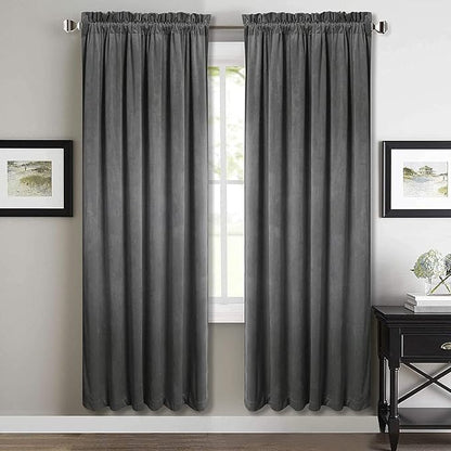 StangH Super Soft Thick Thermal Insulated Velvet Curtains Rod Pocket Room Darkening Privacy Window Treatment Drapes Short Curtains for Bedroom/Dining Room, Grey, W52 x L72, 2 Panels