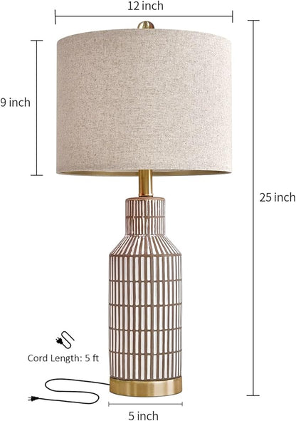 25" Table Lamps Set of 2, Modern Ceramic Bedside Lamps - Farmhouse Brown Nightstand Lamps for Bedroom, Boho Living Room End Table & Office Desk Decor