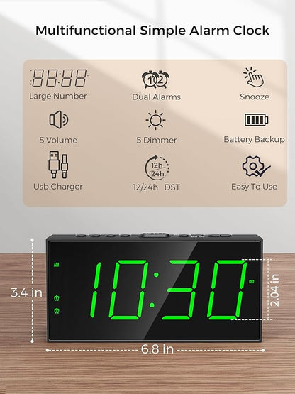 PPLEE Digital Alarm Clock for Bedroom, 2 Alarms Large Big Numbers Display with Dimmer for Living Room, Electric Bedside Desk Clock with Power Adapter, USB Charger, Adjustable Volume, Green LED Display