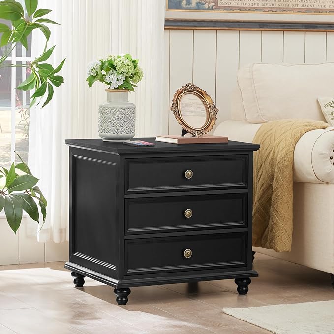 24" Wide Farmhouse Night Stand,Large End Table with 3 Drawers & Metal Handle,Black Dresser for Bedroom, Bed Side Table Chest of Drawers Cabinet,Wood Nightstand for Living Room,Closet