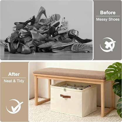 Shoe Organizer for Closet, Foldable Shoe Storage Box with Clear Top Lid, 3 Leather Handles, Adjustable Dividers, Fits 8-16 Pairs, Stackable Shoe Bin for Bedroom (Beige, 2 PCS/16.9*11.8*1.57 inch)