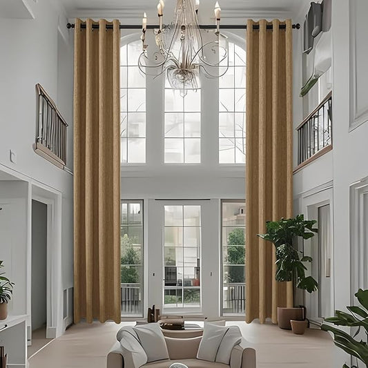 Extra Long Linen Curtains 144 inch Length 2 Panels Thick Faux Linen Blended Window Drapes Burlap Textured Curtains with Grommet for Living Room Farmhouse 12ft (52x144 Light Coffee) Natural