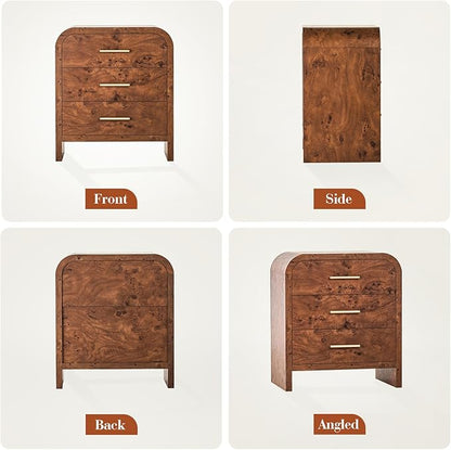 Farmhouse Nightstand Set of 2, 23.5" Curved Modern Night Stand with 3-Drawer, Bedside Table, End Table for Bedroom, Storage Cabinet for Living Room Home Office Entryway, Dark Burl