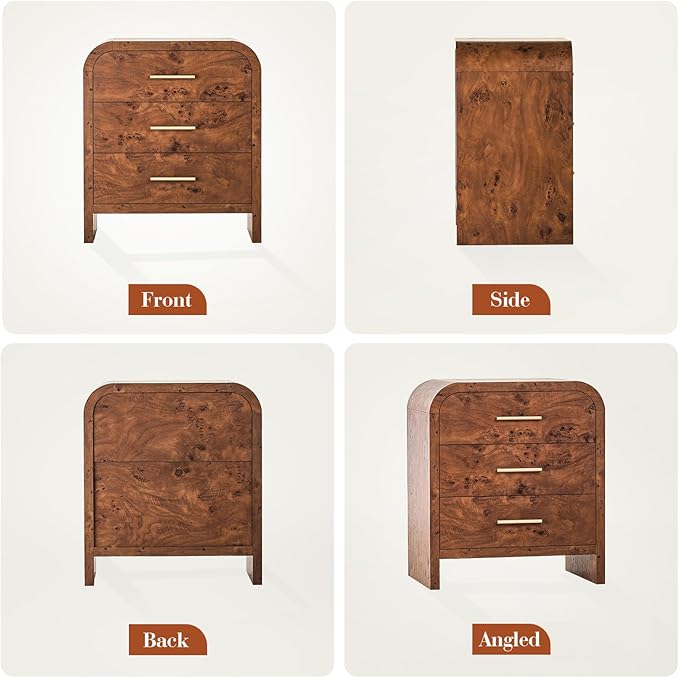 Farmhouse Nightstand, 23.5" Curved Modern Night Stand with 3-Drawer, Bedside Table, End Table for Bedroom, Storage Cabinet for Living Room Home Office Entryway, Dark Burl