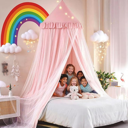 Kertnic 31.5inch Large Dome Bed Canopy for Girls, Double Layer Dreamy Ruffle Princess Canopy, Bedroom Hanging Tent Kids Reading Nook Canopies,Full Queen Bed Canopy Curtain (Beige Pink)