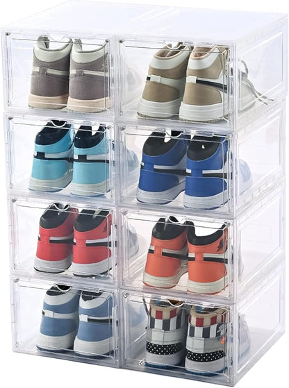 KEFA 8 Pack XXL Large Shoe Storage Box Fit for Size US 15, Shoe Organizer Clear Plastic Shoe Boxes (8 PACK CLEAR)
