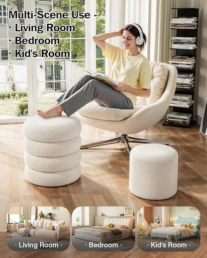 Round Set of 2 Sherpa Storage Ottoman Stool Boucle Vanity Stool Footstool with Removeable lid Load up to 440 lbs for Livingroom Bedroom White UASND68W