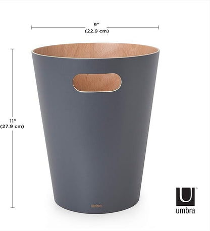 Umbra Woodrow 2-Gallon Modern Wooden Trash Can Wastebasket, Attractive Bin for Garbage or Recycling, Suitable for Home or Office, Dark Grey/Natural