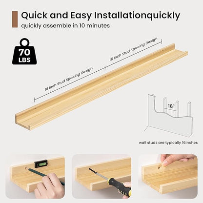 Picture Ledge Shelf, Floating Shelves Set of 2, 40 Inches Solid Wood Nursery Book Shelves for Toys Storage, Kids Bookshelf Wall Mounted for Living Room Decor Books Photo Frames, Unfinished Natural