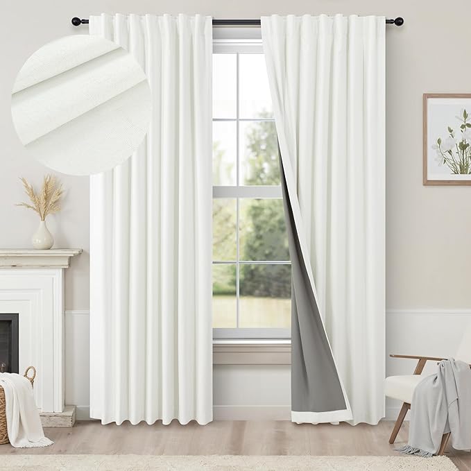 Pitalk Bedroom Blackout Curtains 63 Inches Long 2 Panel Thermal Curtain for Summer Heat Dining Living Room Darkening Back Tab Short Drapes for 62 Inch Window Length Boho Linen Textured Ivory Off White