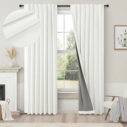 Pitalk Bedroom Blackout Curtains 63 Inches Long 2 Panel Thermal Curtain for Summer Heat Dining Living Room Darkening Back Tab Short Drapes for 62 Inch Window Length Boho Linen Textured Ivory Off White