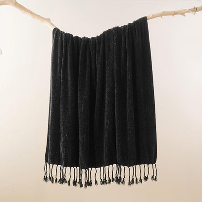 BATTILO HOME Black Throw Blanket for Couch, Bed, Sofa - Soft Cozy Chenille Throw with Fringe Tassels, Lightweight Chenille Knit Throw for Home Decor, 50"x60"